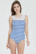 Stripe One Piece Swimwear Mesh Backless Swimsuit Basic Monokini