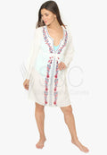 Bohemian Floral Embroidery V Neck Cover Up Beach Dress Swimwear