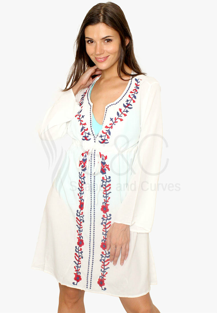Bohemian Floral Embroidery V Neck Cover Up Beach Dress Swimwear