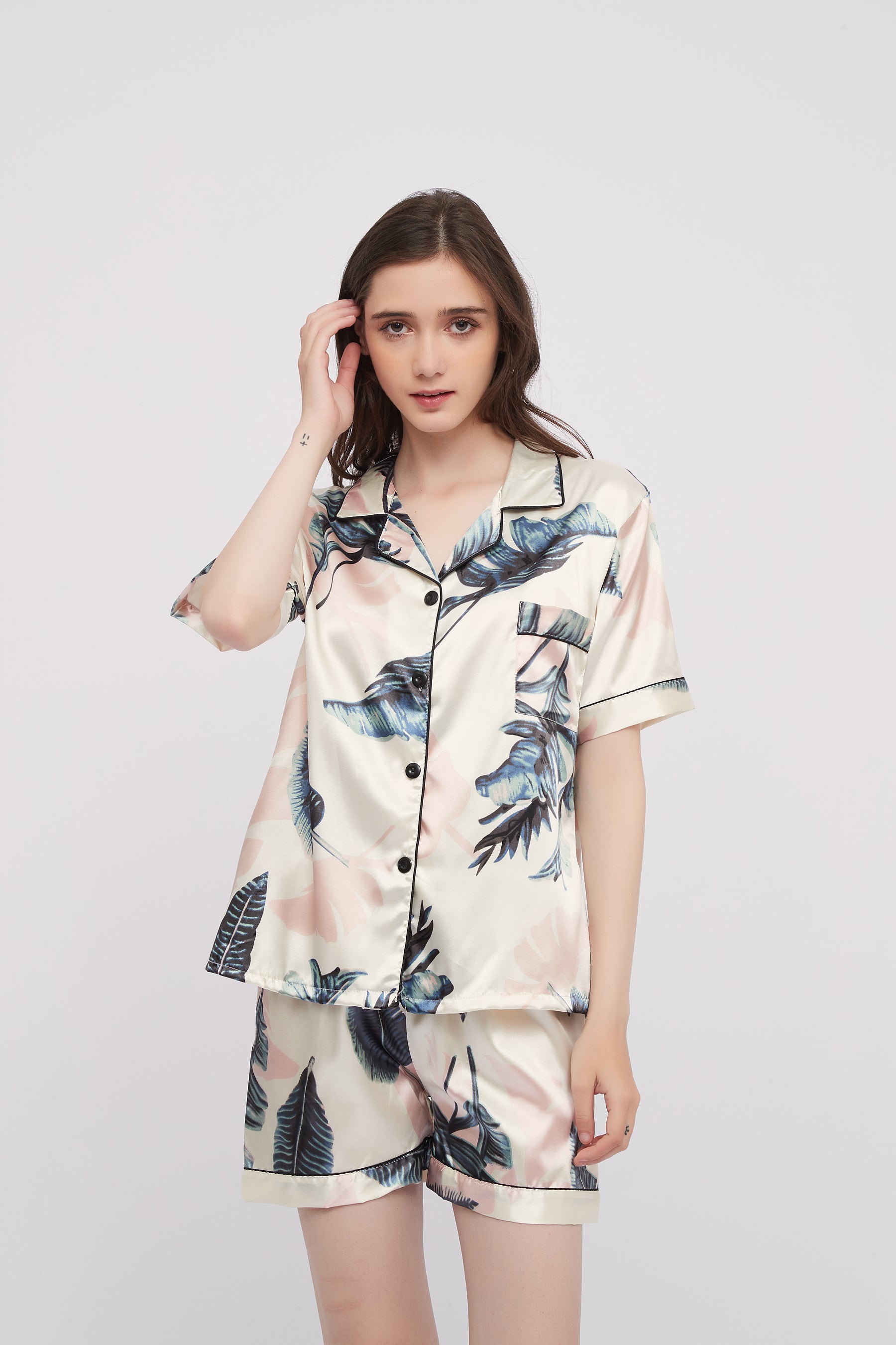 Palm Leaves Printed Silk Pajama Set Lounge Wear Sleepwear
