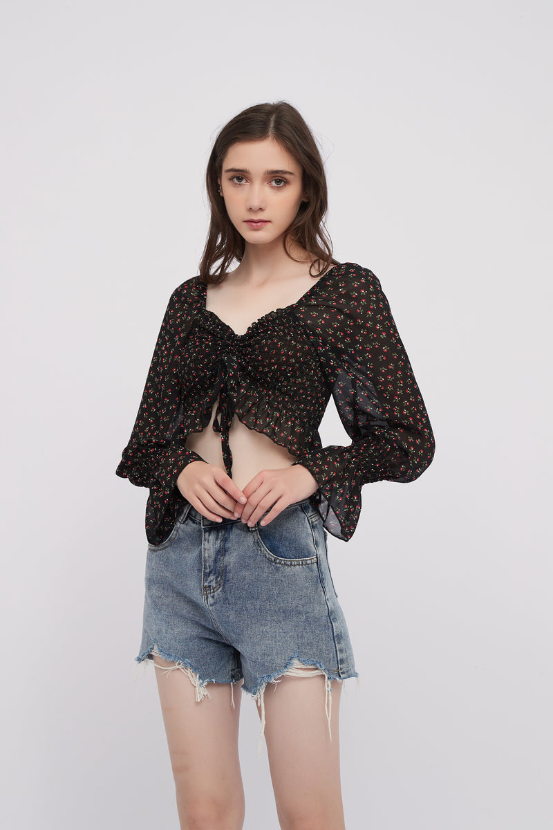 Floral Chiffon Offshoulder Long Sleeves Crop Top Blouse