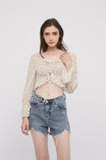 Floral Chiffon Offshoulder Long Sleeves Crop Top Blouse